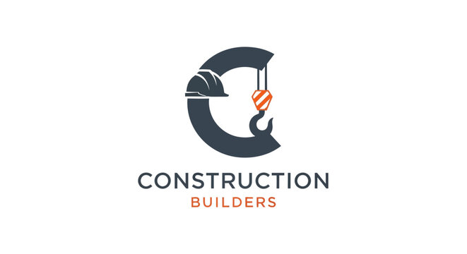 Construction builders logo featuring crane hook and helmet