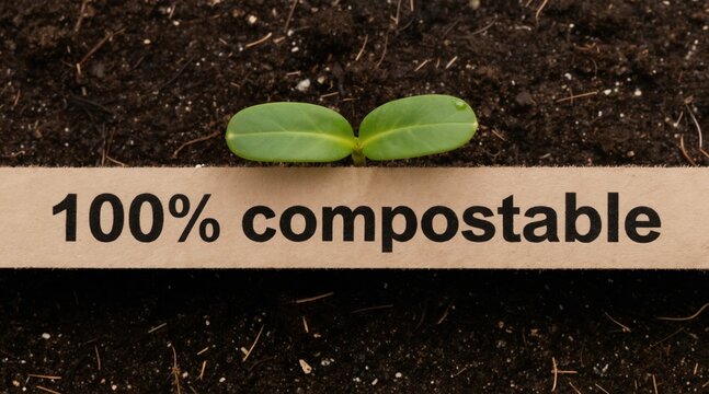 Small green sprout emerges from dark soil. Paper strip reads 100 compostable, symbolizing new life and ecological responsibility. Hope for future growth.