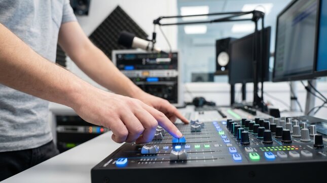 Sound engineer hands adjusting sliders and knobs on a professional audio mixing console in a studio