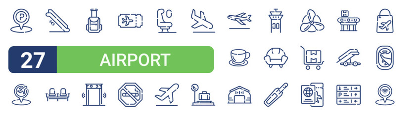 Set of 27 linear Airport icons for web projects, mobile apps and interface menus. Vector icon set including placeholder, luggage, flight, plane, metal detector and free wifi. © Icon World