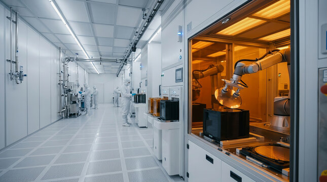 Advanced robotic arm operates inside cleanroom semiconductor manufacturing facility with automated equipment and sterile environment for chip production