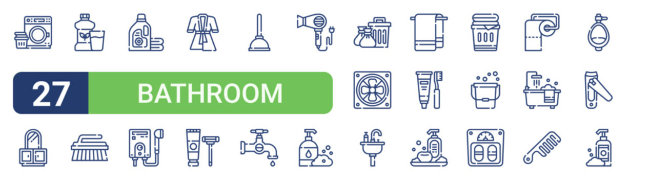 Set of 27 linear Bathroom icons for web projects, mobile apps and interface menus. Vector icon set including stand, detergent, toilet, trash can, bar soap and soap.