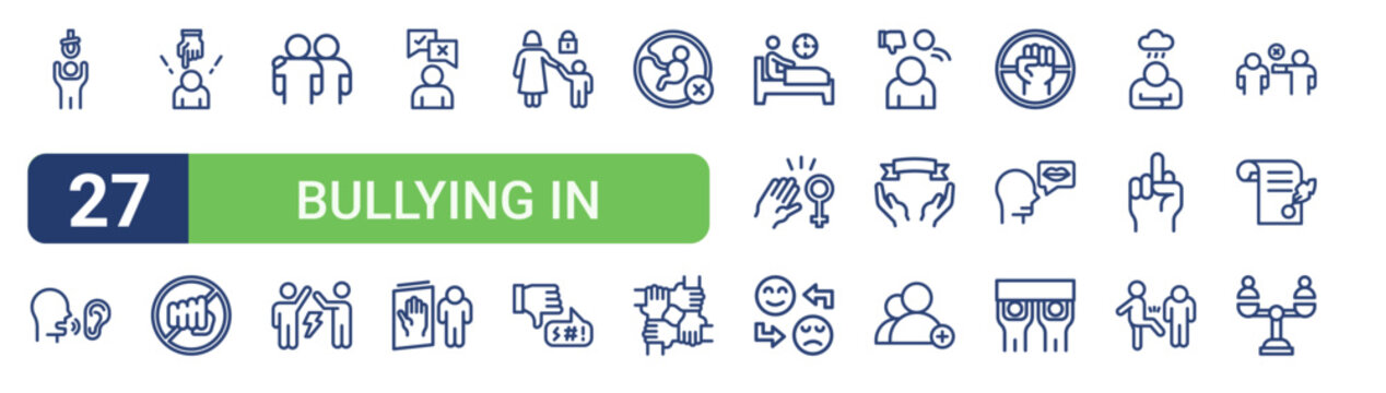 Set of 27 linear Bullying in Society icons for web projects, mobile apps and interface menus. Vector icon set including gossip, friend, parental control, sleepless, friend request and fairness.