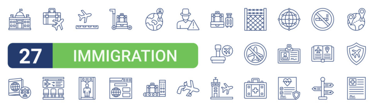 Set of 27 linear Immigration icons for web projects, mobile apps and interface menus. Vector icon set including legal, take off, citizenship, luggage, first aid kit and insurance.