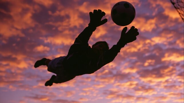 Goalkeeper leaps catching soccer ball against vibrant sky. Athletic player saving goal during evening match