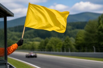 Naklejka premium Yellow flag waves above track. Hand grips pole with black glove. Orange sleeve hints at safety officer. Race car speeds below on asphalt. Green hills frame blurred background