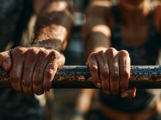 Naklejka premium Muscular hands gripping rough metal bar with sweat droplets. Athletes performing intense physical training outdoors in sunlight