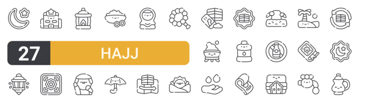Set of 27 thin line Hajj icons for app screens, websites and product dashboards. Outline vector pack featuring islam, lamp, hotel, art, lamp and adzan.