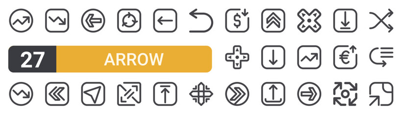 Set of 27 thin line Arrow icons for app screens, websites and product dashboards. Outline vector pack featuring increase loan, decrease loan, decrease, left arrows, left arrow and maps and location. © XS Works