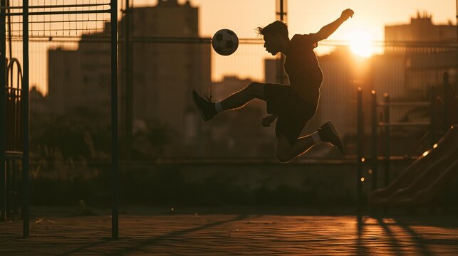 Young man performing freestyle kick with soccer ball. Urban background cityscape at sunset with bright sun