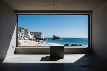 Fototapeta premium Modern concrete gallery room offers ocean view through large window. White cliffs meet sandy beach and blue sea waves under clear sky. Minimalist interior design.