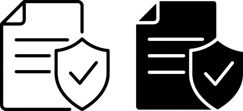 Document security icon set, protected file symbol with shield and checkmark