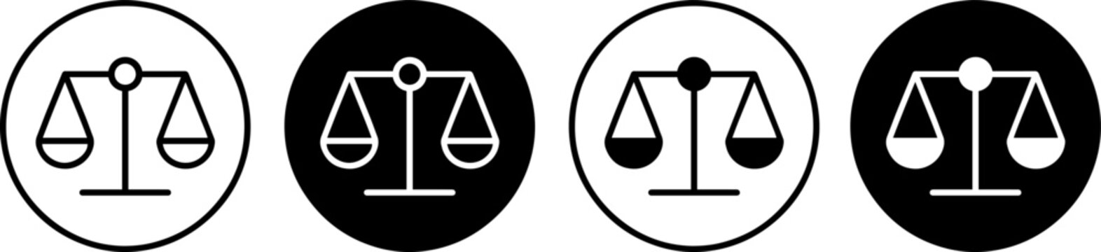 Set of balance scale icons in different styles for legal and justice