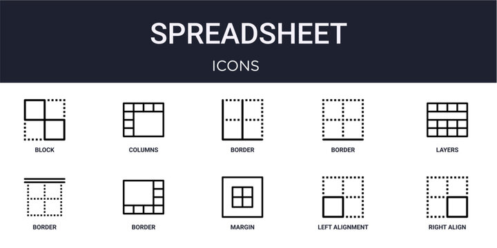 Set of 10 linear Spreadsheet icons for interface projects, presentations and web graphics. Outline symbol collection with columns, border, border, margin and left alignment.
