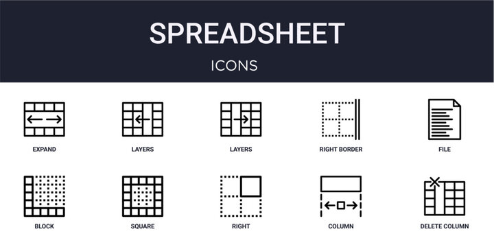 Set of 10 linear Spreadsheet icons for interface projects, presentations and web graphics. Outline symbol collection with layers, right border, block, right alignment and column.
