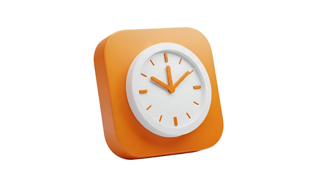 Three dimensional render of an orange square clock icon representing time management and scheduling on a clean white background surface