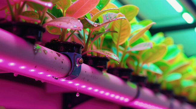 Modern vertical farm setup uses pipes and pink LED lights for growing plants. Water drips from leaves in a hydroponic system, signifying advanced agriculture.