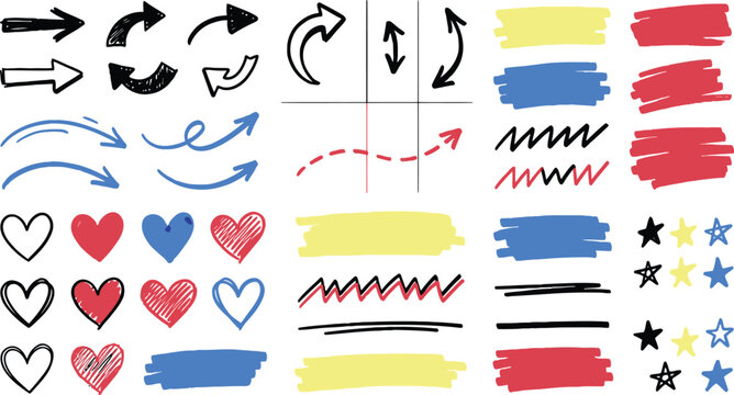 Hand drawn arrow doodle set with colorful highlight marker strokes