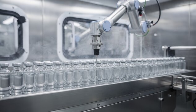 Smallvolume injectable vials undergoing aseptic filling by advanced robotic technology inside a closed sterile isolator optimized for high accuracy and sterility control.