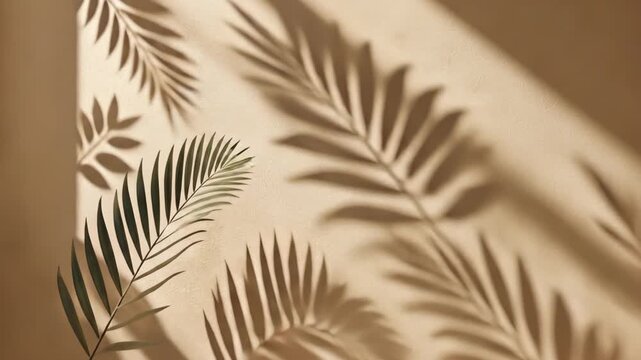 Sunlight casts dancing palm leaf shadows on a textured beige wall