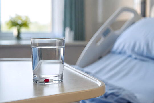 Glass of water with capsule on a hospital bedside table in a patient room, soft natural light and blurred clinical background, symbolizing medication, treatment and healthcare recovery.
