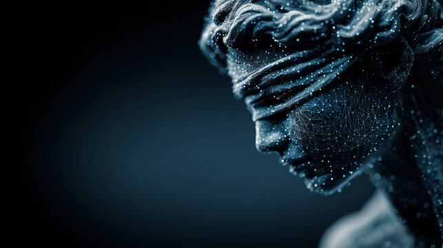 Close-up portrait of thoughtful person with digital binary code overlay in dark moody lighting