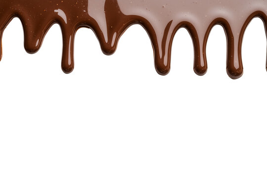 Liquid chocolate sauce drips on top border isolated on transparent background