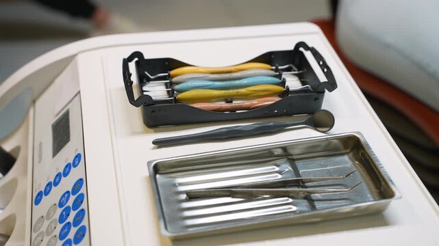 Professional dental instruments and tools on tray