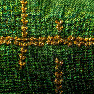 Close-up of green fabric with golden embroidery stitches