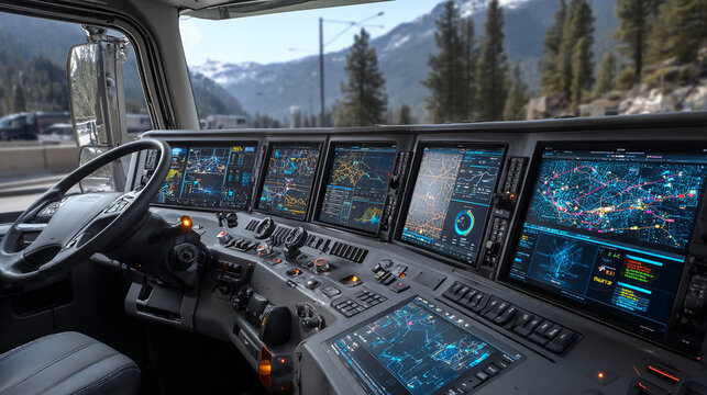 Pilot operating advanced aircraft cockpit controls with digital navigation displays and mountain landscape view