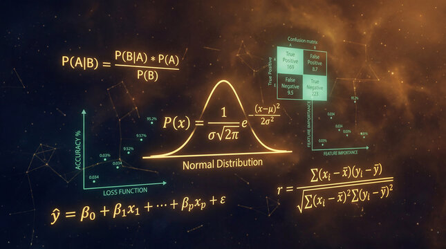 Abstract Data Science and Statistics Formulas 
on Dark Cosmic Background, Machine Learning 
and AI Concept with Bayes Theorem and 
Regression Coefficient