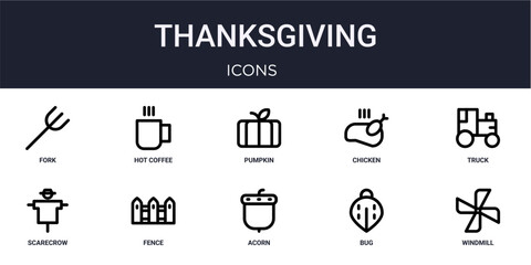 Set of 10 linear Thanksgiving icons for interface projects, presentations and web graphics. Outline symbol collection with hot coffee, chicken, scarecrow, acorn and bug. © Munis