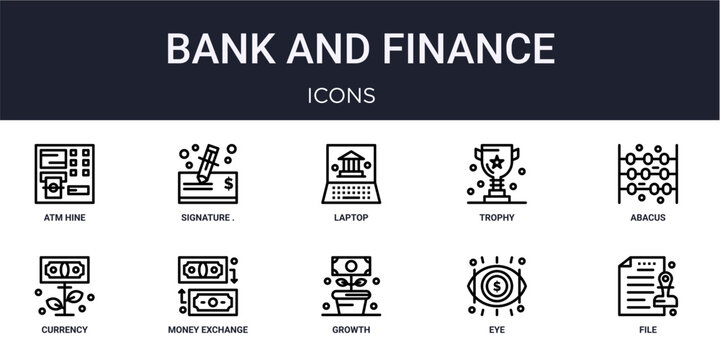 Set of 10 linear Bank and Finance icons for interface projects, presentations and web graphics. Outline symbol collection with signature. Thin signature isolated on white background, trophy,