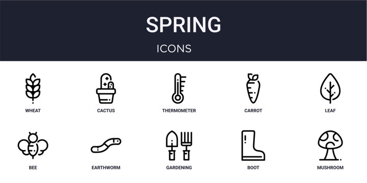Set of 10 linear Spring icons for interface projects, presentations and web graphics. Outline symbol collection with cactus, carrot, bee, gardening tools and boot.