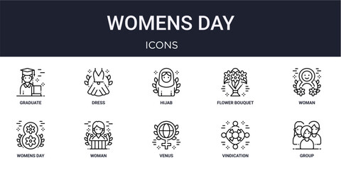 Set of 10 linear Womens Day icons for interface projects, presentations and web graphics. Outline symbol collection with dress, flower bouquet, womens day, venus and vindication. © Munis