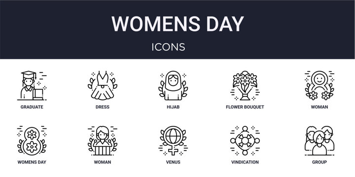Set of 10 linear Womens Day icons for interface projects, presentations and web graphics. Outline symbol collection with dress, flower bouquet, womens day, venus and vindication.