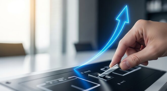 Hand flips switch on control panel, activating holographic upward growth arrow for business success