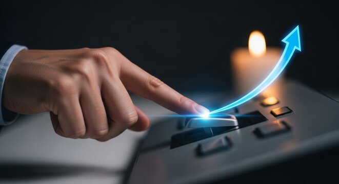 Finger pressing button on control panel, activating glowing blue arrow for business growth and success