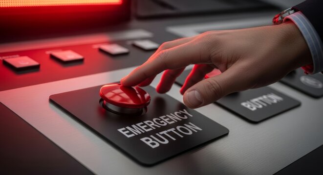 Hand pressing emergency button during intense corporate crisis, high-stakes decision making, dramatic lighting