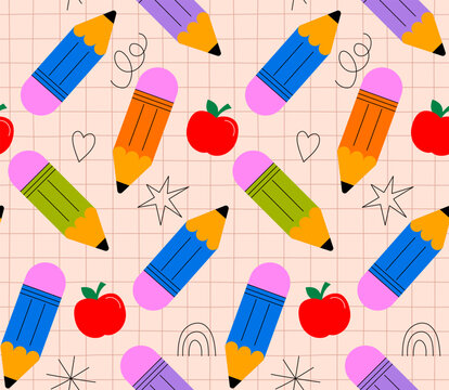 Playful seamless pattern with pencils, apples, rainbows and stars doodles. Back to school colorful education vector illustration and background