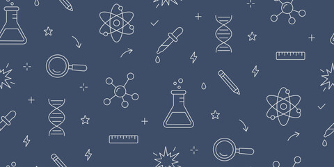 Fototapeta na wymiar School laboratory flasks, atom models, DNA helixes, pipettes, and pencils for kids STEM class. Educational background for elementary chemistry textbooks, wrapping paper, dark blue and white seamless p