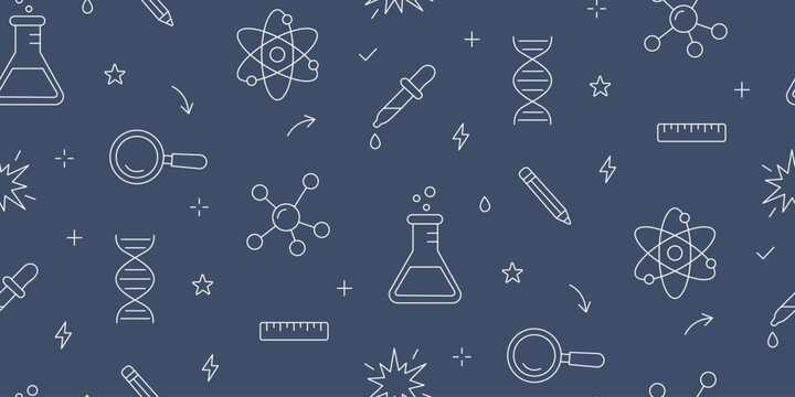 School laboratory flasks, atom models, DNA helixes, pipettes, and pencils for kids STEM class. Educational background for elementary chemistry textbooks, wrapping paper, dark blue and white seamless p
