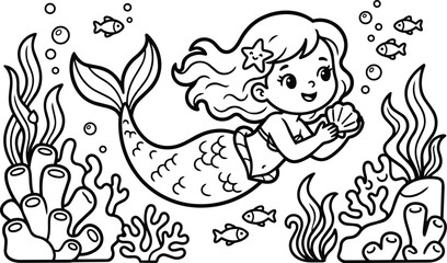 Fototapeta premium Mermaid undersea cartoon with shells and sea creatures in a playful scene