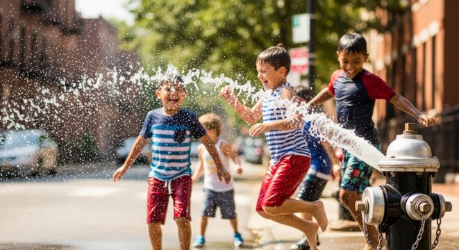 Joyful children splashing water from open fire hydrant on sunny summer day in city street