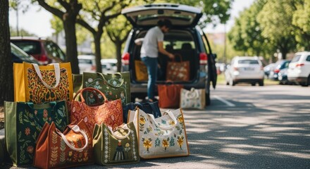 Fototapeta premium Colorful artisan tote bags piled by a car trunk with person loading groceries, highlighting sustainable shopping and local markets.