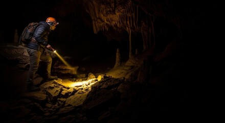 Fototapeta premium Adventurous explorer with flashlight shines light on rocky cave formations, embarking on a journey of discovery