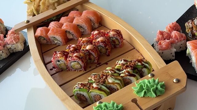 Beautiful wooden sushi ship filled with Philadelphia rolls avocado topped rolls and tobiko rolls served with green wasabi and white pickled ginger