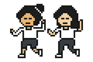 Obraz premium Cute pixel of woman girl marathon run or workout exercise jogging together with friend cartoon. 