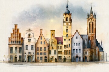 Fototapeta premium Row of traditional Flemish and Hanseatic old town houses in soft watercolor style