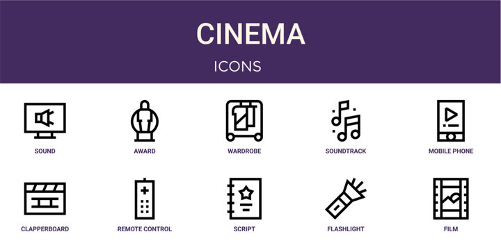 Set of 10 linear Cinema icons for interface projects, presentations and web graphics. Outline symbol collection with award, soundtrack, clapperboard, script and flashlight.